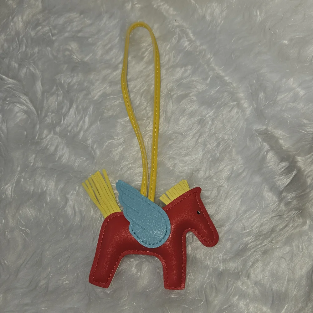 Red Pegasus Leather Bag Charm with Blue Wing and Yellow Strap